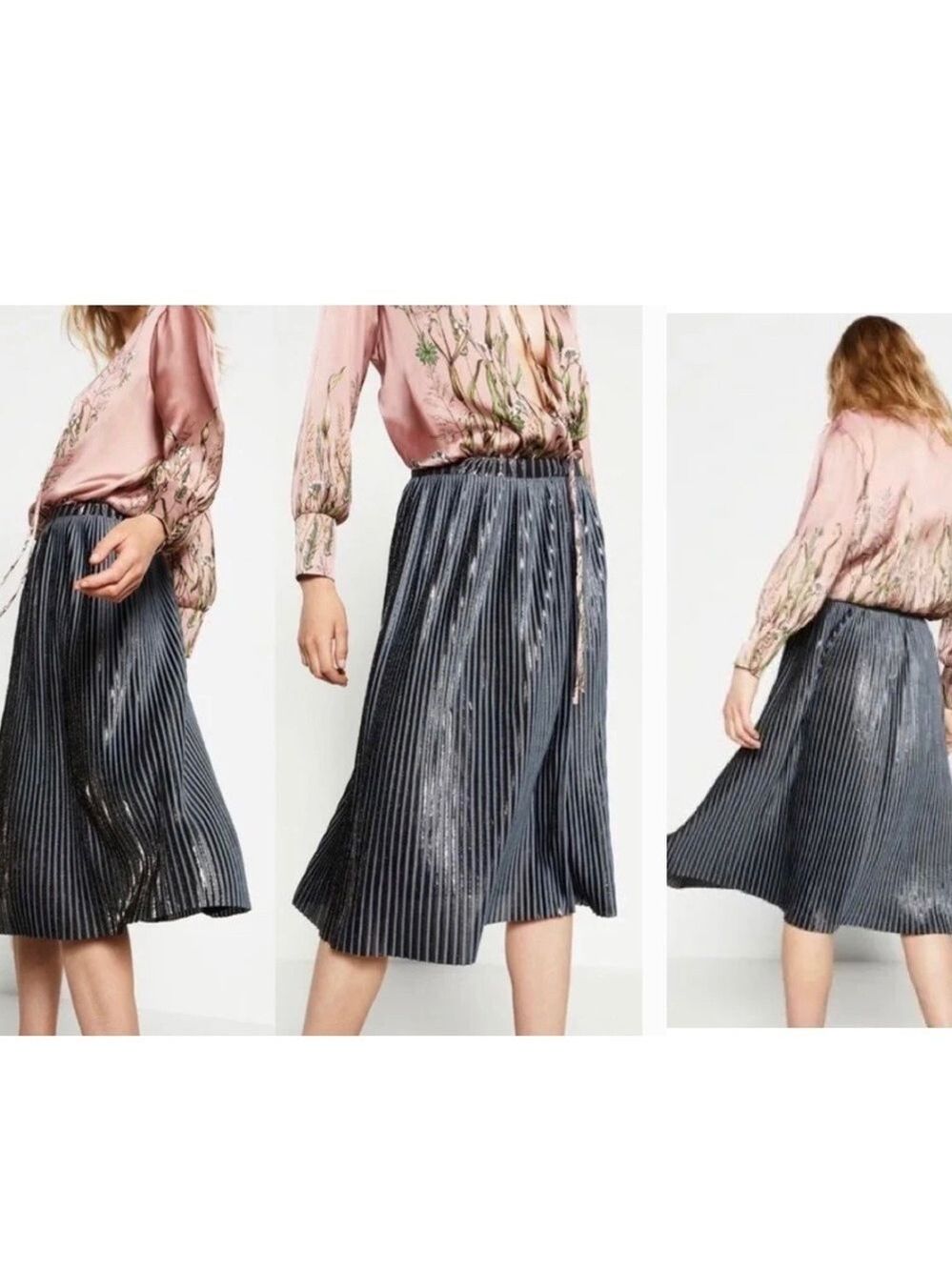 ZARA metallic pleated glitter gray black silver skirt Sz M NWOT